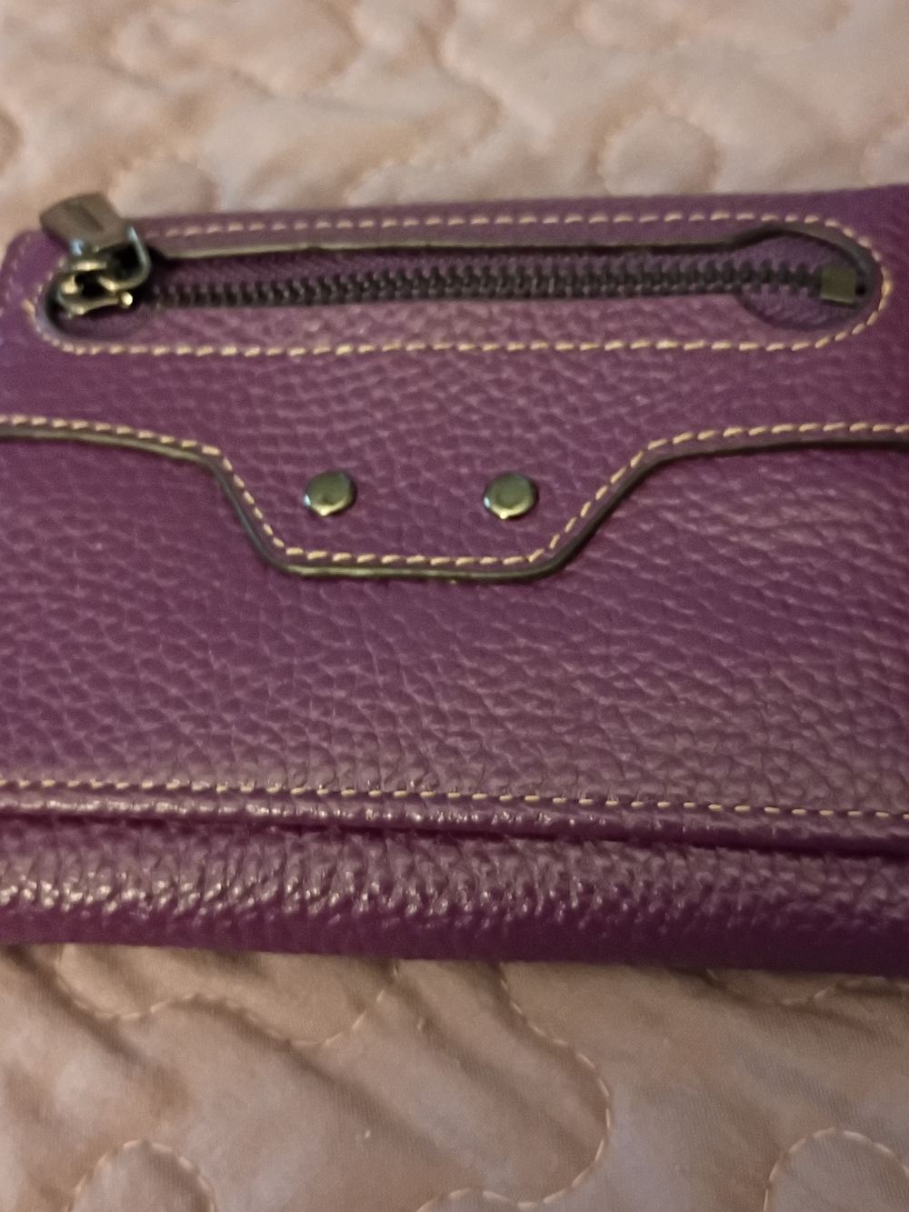 Purple Leather Zip Tri Fold Wallet